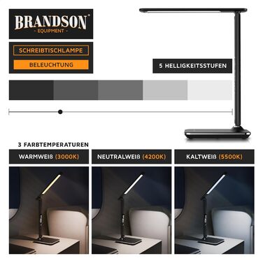 Настільна лампа Brandson LED з димером, 3 кольори світла, 5 рівнів яскравості, USB зарядка, шкіряний дизайн, захист для очей, денне світло