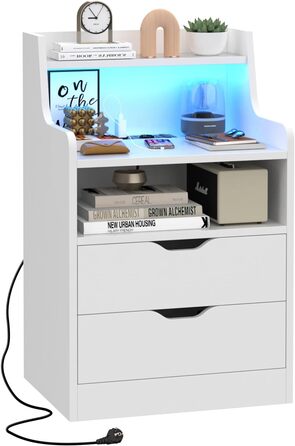Тумба приліжкова Lvhecforhm з LED-підсвіткою, розеткою та USB, сучасна біла тумба з 2 шухлядами і відкритою полицею 45x35x73 см для спальні та вітальні