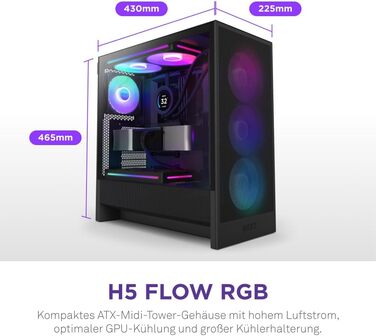 NZXT H5 Flow RGB 2024 – компактний ATX корпус для геймінгу з високим повітряним потоком, F360 RGB, підтримка радіаторів 360 мм (фронт) і 240 мм (верх), загартоване скло, чорний