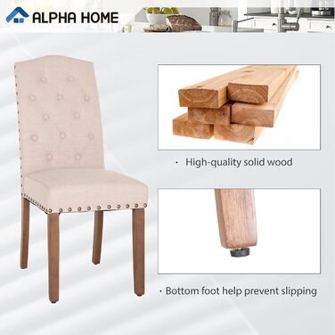 Набір з 2 кухонних стільців ALPHA HOME, м'які стільці з високою спинкою, дерев'яні ніжки, оббивка з льону, бежеві