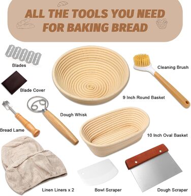 Набір для випічки хліба Brot: 2 корзини (23см круглі, 25см овальні), тейгшкребок, мішалка, тканинний вкладиш & лам, 100% ротанг