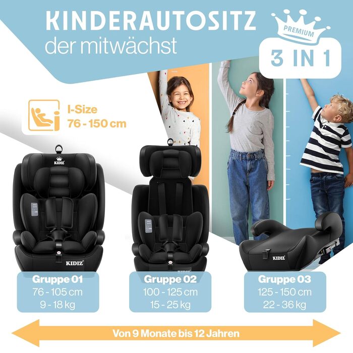 Автокрісло KIDIZ® 1+2+3 для дітей 9-36 кг з 5-точковим ременем безпеки, регульованою підголовником (чорне), Isofix