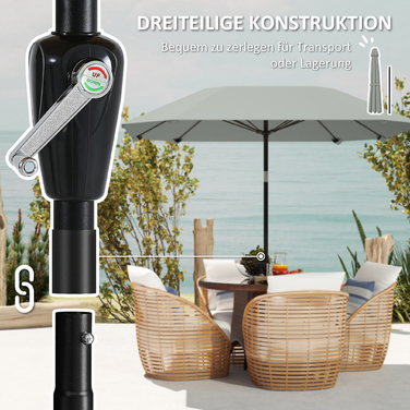 Outsunny Parasol Ø233 см, Парасолька з функцією складання, Восьмикутний балкон Парасолька Пляжна парасолька Вітрозахисна стайня Ринок Парасолька Колінчастий Парасолька Захист від сонця для пляжу Балкон Патіо Сад, темно-сірий