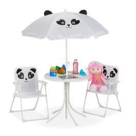 Дитячий садовий набір Relaxdays Panda: стіл, 2 стільчики та парасолька для пікніка - білий