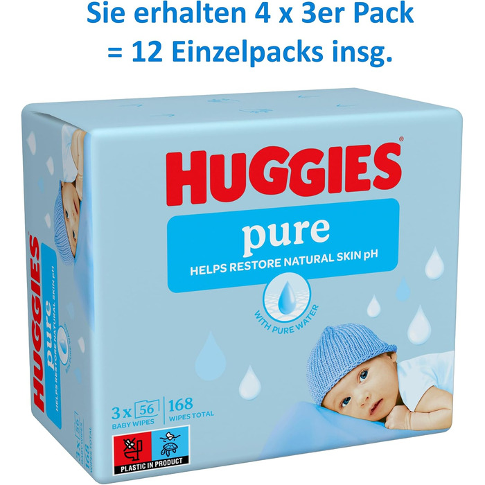 Дитячі вологі серветки Huggies Pure, гіпоалергенні, 12 упаковок по 56 шт (запас на місяць)