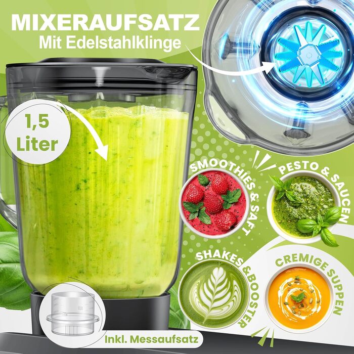 Кухонна машина KESSER 3в1 з м'ясорубкою та блендером, планетарний міксер 1500Вт, чаша 5.5л, 6 швидкостей, антрацит
