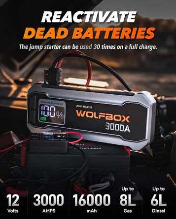 Бустер для автомобіля WOLFBOX 3000A, пусковий пристрій для 12В авто (бензин до 10л, дизель до 10л)