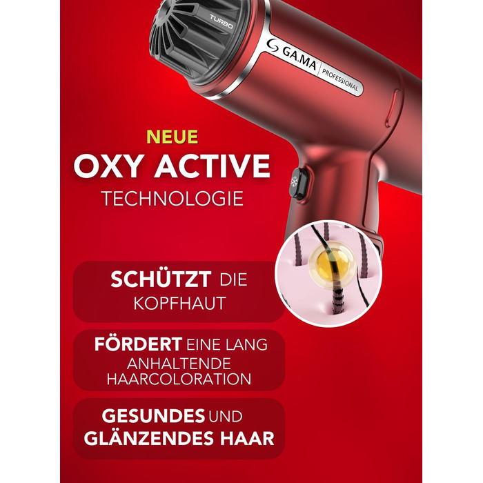 Професійний фен для волосся Gama Italia iQ Lite 1600 Вт, 110 000 об/хв, Oxy Active технологія для яскравості кольору, подвійний фільтр, ультралегкий 316 г, червоний
