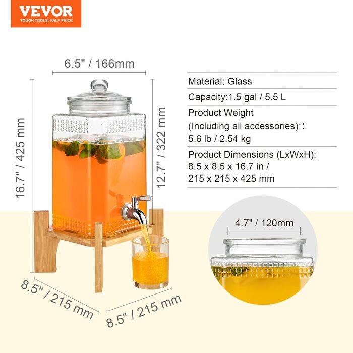 Диспенсер для напоїв VEVOR 5.7л скляний з краном, для вечірок, ресторанів, готелів. Стійка в комплекті