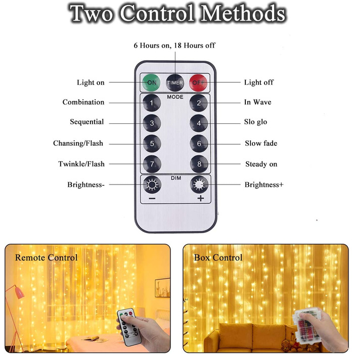 LED світловий завіса 3x3 м 300 LED, тепле біле світло, водонепроникна, USB/батарея, 8 режимів, таймер, пульт, для декору спальні та вечірок