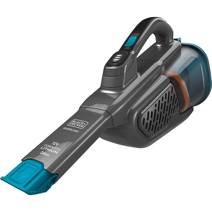 Акумуляторний ручний пилосос BLACK+DECKER BHHV320B, 12В, 25AW, циклонна фільтрація, без мішка, з висувною щілинною насадкою та зарядною станцією, титаново-синій