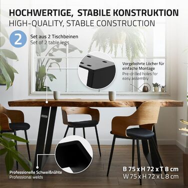 Комплект з 2-х металевих столових ніжок ML-Design, чорний, 75x72 см, профіль 8x2 см, похилі, для обіднього чи письмового столу