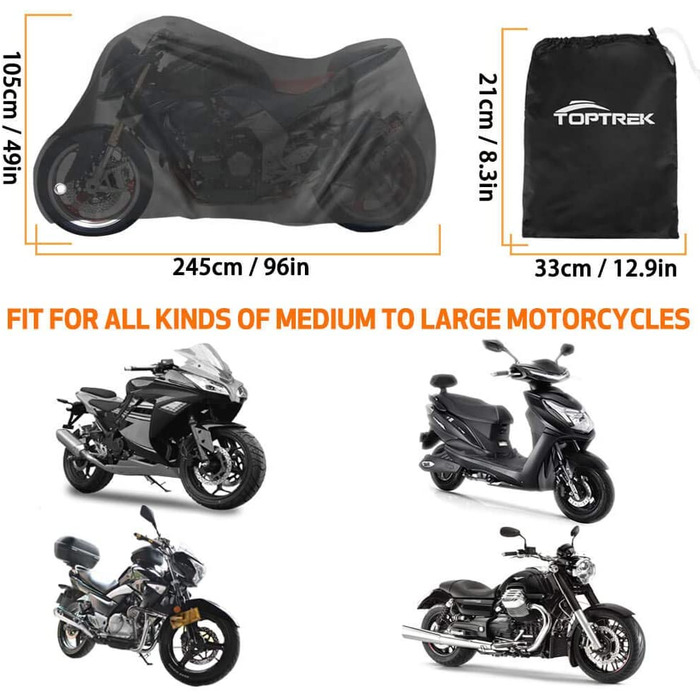 Чохол для мотоцикла TOPTREK XXL водонепроникний, зимовий, 210T Oxford, для Harley-Davidson, Honda, Suzuki, Kawasaki (245×105×125 см)
