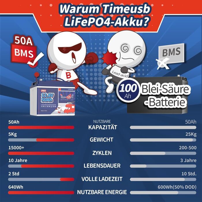 Акумулятор LiFePO4 Timeusb 12V 50Ah Pro, літієва батарея 640Wh з BMS 50A
