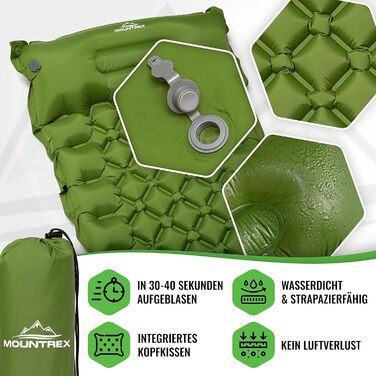 MOUNTREX ізомат для кемпінгу – ультралегка надувна туристична матраcка з вбудованою ножною помпою, 700 г, компактна, з'єднувана, зелена