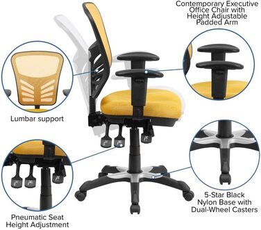 Ергономічне офісне крісло Flash Furniture, жовтогаряче, з регульованими підлокітниками, мультифункціональний комп'ютерний стілець, 68.6x64.8x112.4 см