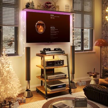 4-рівнева Hi-Fi стійка на колесах із розетками, LED-підсвіткою, регульованими полицями з дерева для аудіосистем, стерео та ТВ, 60x52x78 см