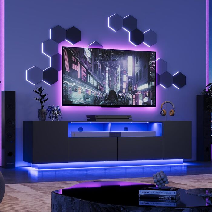 Тумба під телевізор WLIVE з LED-підсвіткою, глянцева, чорна, 170x36x45 см - шафа для ТВ з полицями та дверцятами