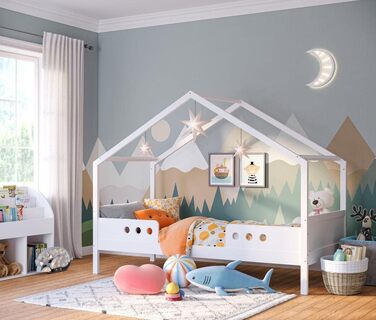 Дитяче ліжко-домік Bellabino Bela 90x200 см з бортиками, біле, з масиву сосни, для дівчаток і хлопчиків, з ламелями