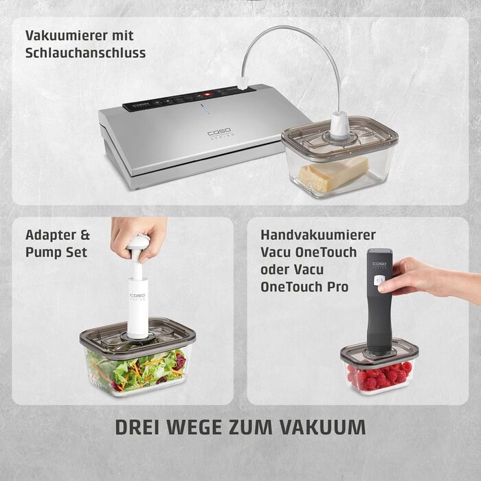 Вакууматор CASO Vacu OneTouch Eco-Set: бездротовий ручний вакууматор з 3 скляними контейнерами, 10 ZIP-пакетами та наклейками Food Manager, чорний