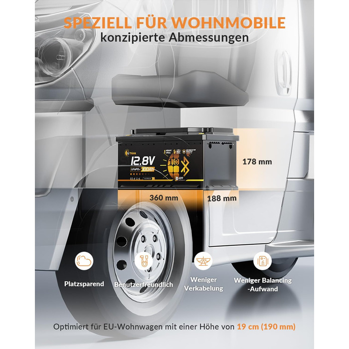 LiFePO4 акумулятор 12V 100Ah H190 з Bluetooth 5.4 для кемперів та житлових будинків на колесах, сертифікація ECE R10