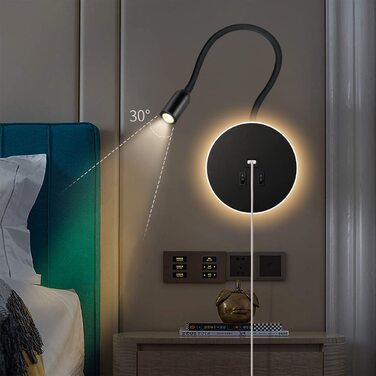 Світильник для читання Awekliy 3W+8W LED з гнучкою ніжкою, настінний, з USB-зарядкою, перемикачем, для спальні, ліжка, нічник, чорний, 3000K