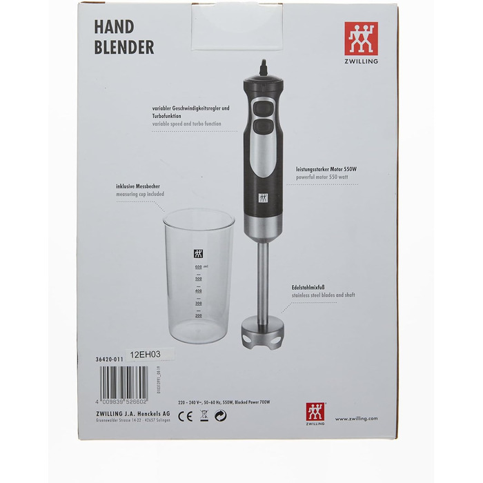 Занурювальний блендер ZWILLING 550 Вт з мірним стаканом 600 мл, нержавіюча сталь/чорний