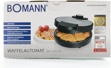 Вафельниця Bomann WA 1365 CB, 1000 Вт, антипригарне покриття, сердечка, регулювання підсмажування, індикатор готовності, нерж. сталь, Ø18 см