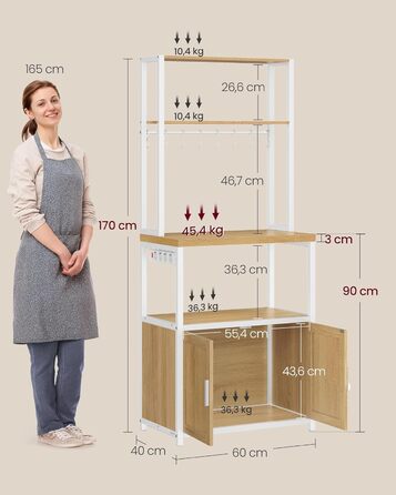 Стелаж кухонний VASAGLE з розетками, шафка, робоча поверхня 90 см, 8 гачків, 40 x 60 x 170 см, вінтажний колір, KKS058K02