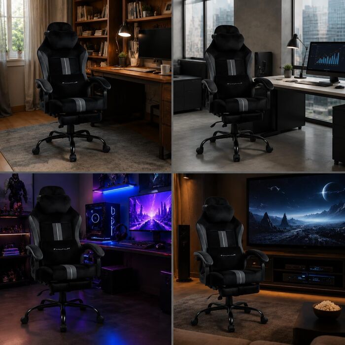 Ігрове крісло PixelPilot Ergonomic з підставкою для ніг, дихаюча тканина, підголівником та поперековою підтримкою, посилене до 150 кг, чорне