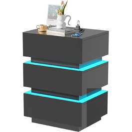 Тумба приліжкова Lvhecforhm з LED підсвіткою, USB та розетками, 16 кольорів, чорний глянець, з відкритими полицями