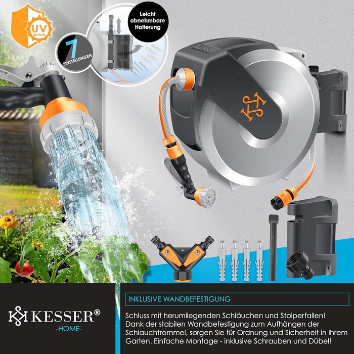 Шланг для саду KESSER® з автоматичним підйомом | Шланг для поливу 25м з насадкою 7-в-1 | Настінна шланг-бокс | Колір сірий