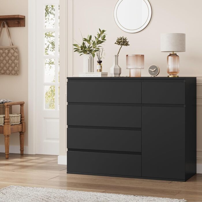 Комод FOREHILL чорний з 5 шухлядами і 1 дверцятами, 100x40x80 см, для спальні, вітальні, кабінету, коридору