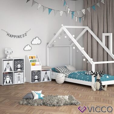 Дитяча книжкова полиця Vicco Luigi, біла, 72x79 см, з 2 текстильними коробками Panda/Tiger