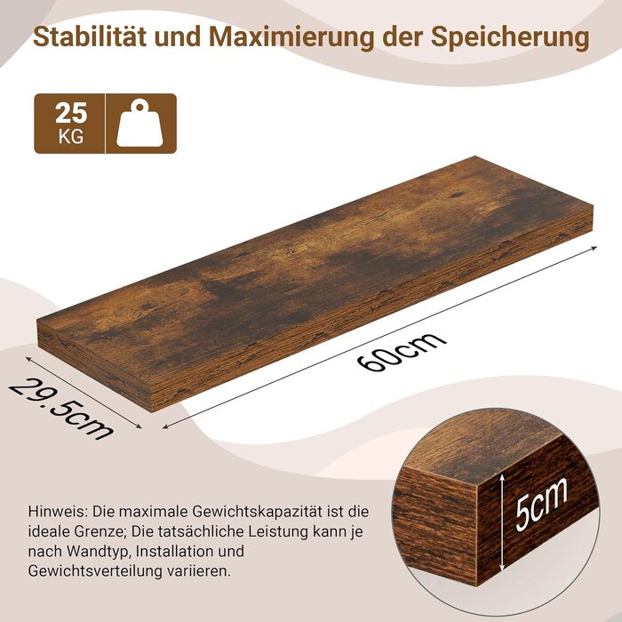 Настінна полиця дерев'яна MDF 60x29.5x5 см, коричнева вінтаж, комплект 2 шт. - для кухні, вітальні, спальні, офісу