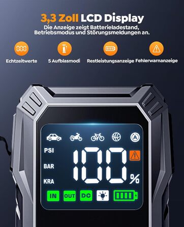 Портативний пусковий пристрій YaberAuto з компресором, 150 PSI, 6000A, 23800mAh, Jump Starter для бензинових та 10.0L дизельних двигунів з LCD-дисплеєм та світлодіодом 500 люмен