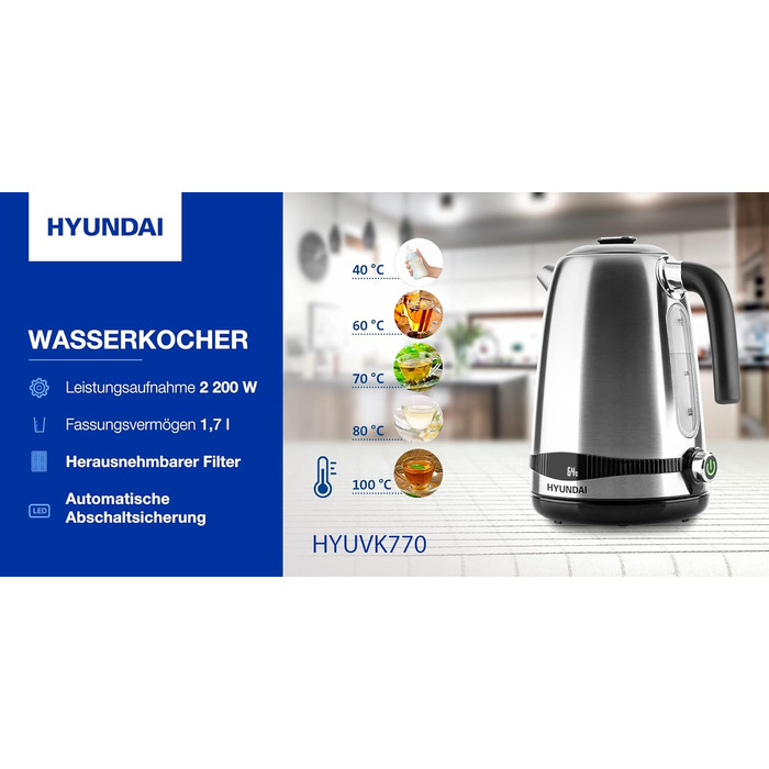 Електрочайник HYUNDAI VK 770 з нержавіючої сталі, 1.7 л, 2200 Вт, 7 температурних режимів, підтримка тепла