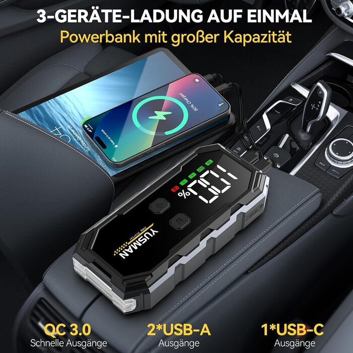 Powerbank для автомобіля Starthilfe: 6000A, 12V, бустер для акумулятора, LCD-дисплей, 4 режими LED-підсвічування. Підходить для бензинових (8L) та дизельних (6L) авто, SUV, мотоциклів, газонокосарок.