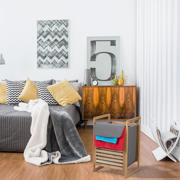 Кошик для білизни Relaxdays з горіха, 60x40x35 см, з кришкою, 50 л, для брудної білизни у ванну, натуральний/сірий