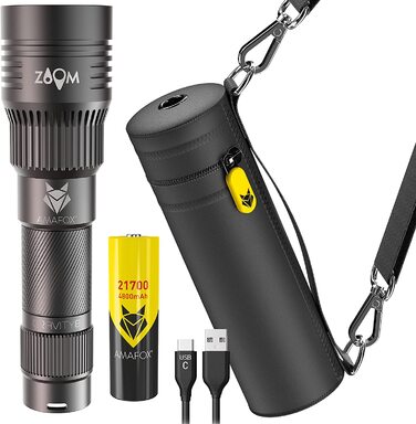 Ліхтарик AMAFOX G8-NEO 2100 Люмен, LED, акумуляторний, надяскравий, графіт, USB-C, з неопреною сумкою та акумулятором 21700
