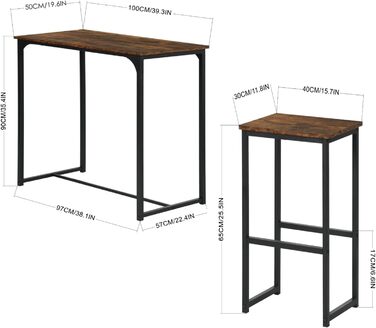 ZZINOKE Барний стіл з набором табуреток, індустріальний стиль, 100x50x90 см, 4 табурети 30x40x65 см (Vintage-Braun)
