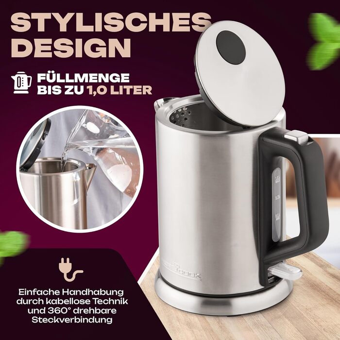 Електрочайник ProfiCook 1 л, нержавійка, 2200 Вт, компактний, BPA-free, одноручне керування, індикатор рівня води, модель PC-WKS 1106