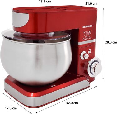 Кухонна машина Syntrox Germany KM-5.0L Basic Red, 5 л, з нержавіючої сталі, червона, тістоміс