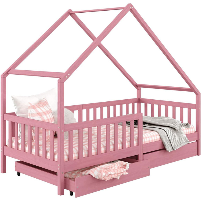 Дитяче ліжко-будиночок ALVA з масиву сосни, Монтеcсорі, з дахом і шухлядами, сіра IDIMEX