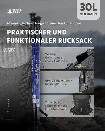 Рюкзак Terra Peak 30 л з вентильованою спинкою, тримачем для питної системи та дощовиком, чорний, туристичний для походів і прогулянок