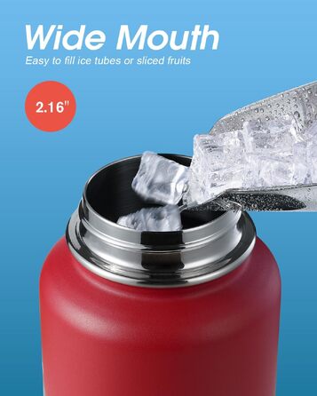 Термопляшка Coolflask з соломинкою та 3 кришками, 1.2 л, нержавіюча сталь, червона — ізольована спортивна пляшка для води, офісу та подорожей, герметична