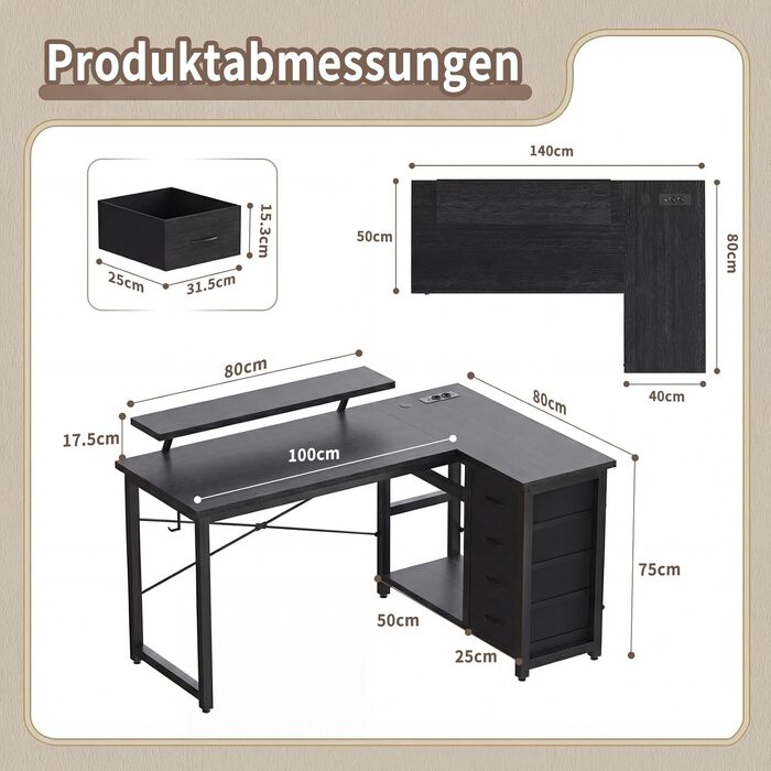 Кутовий комп'ютерний стіл L-подібний JUMMICO з 4 ящиками, розетками та USB, 140x80 см, чорний
