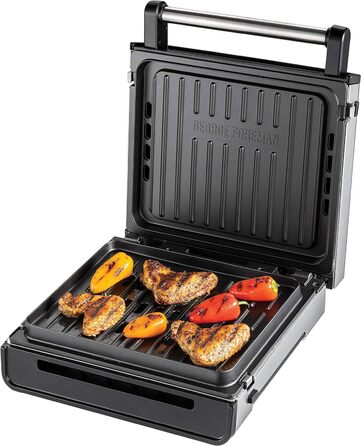 Контактний гриль George Foreman з антипригарним покриттям для приготування паніні та сендвічів [Без диму - 87% менше диму] Настільний гриль (знімні та придатні для миття в посудомийній машині пластини, температура 200°C, корпус з нержавіючої сталі) 28000-