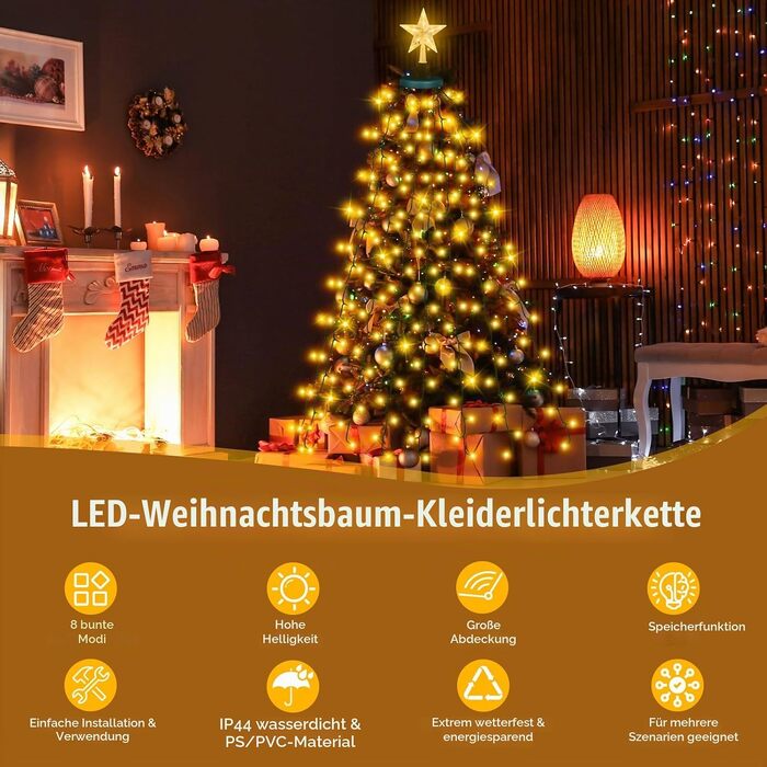 Світлодіодна гірлянда для ялинки з кільцем та зіркою, 400 LED вогнів, теплий жовтий колір, для дерева 150-240 см