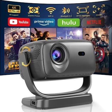 Проектор Smart Beamer WiFi для домашнього кінотеатру: 16000 Люмен, Full HD, електричний фокус, 200 дюймів, Bluetooth, сумісний з iOS/Android/Fire Stick/Laptop/PS5 (4K проектор з поворотним кріпленням)